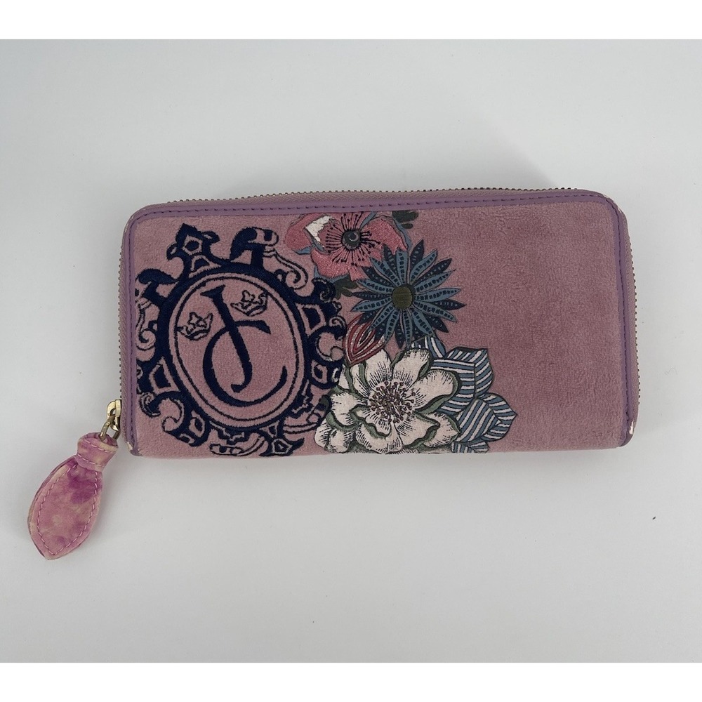 Juicy Couture Pink Velour Wallet Floral Zip Around Clutch